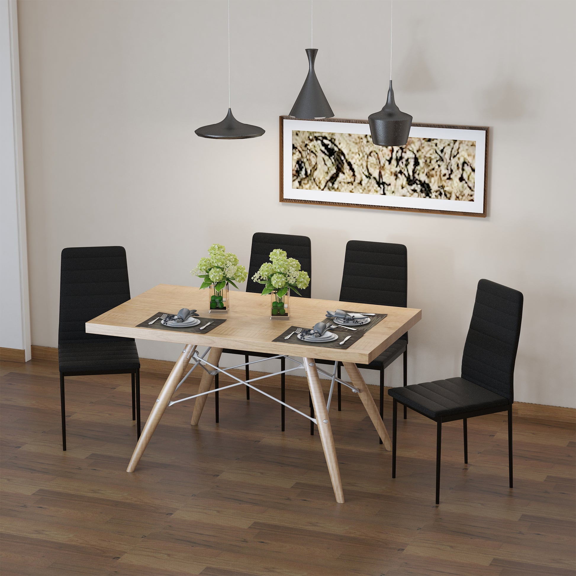 Set of 4 Upholstered Dining Chairs in Linen Modern Kitchen Chairs with High Back and Metal Legs Load 120 kg for Living Room 41x50x97 cm Black