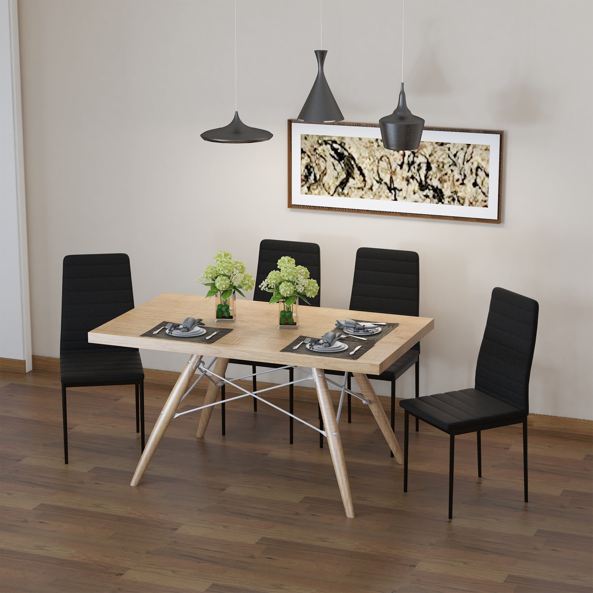 Set of 4 Upholstered Dining Chairs in Linen Modern Kitchen Chairs with High Back and Metal Legs Load 120 kg for Living Room 41x50x97 cm Black
