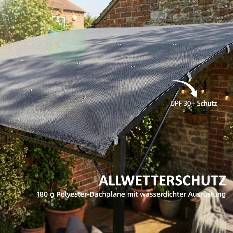 Wall-Mounted Garden Pergola, 12 ft 7 in x 9 ft 5 in — Sloped Drainage Roof, UPF30+ Waterproof Canopy, Powder-Coated Metal Frame, Gray