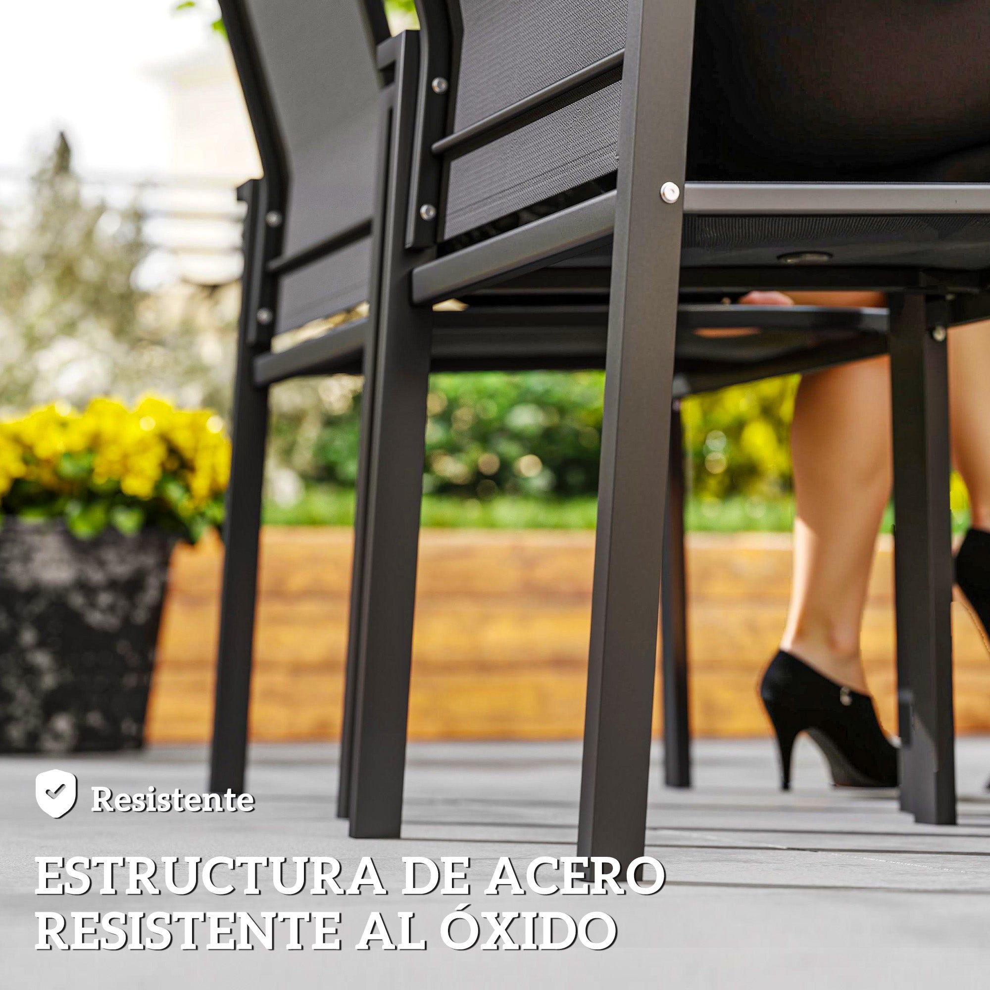 Set of 2 Outdoor Garden Chairs Patio Exterior Stackable Dining Chairs with Breathable Fabric Steel Frame Armrests and Backrest 56x58x89 cm Dark Gray