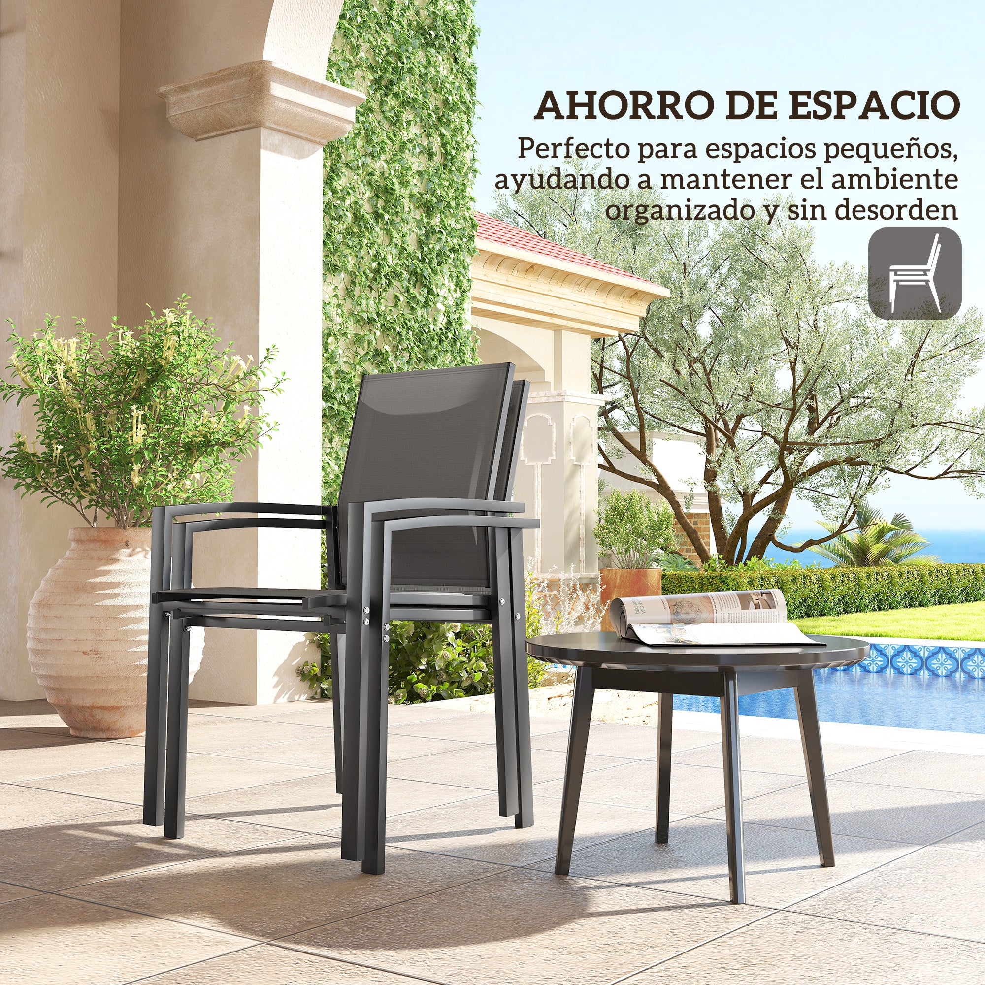 Set of 2 Outdoor Garden Chairs Patio Exterior Stackable Dining Chairs with Breathable Fabric Steel Frame Armrests and Backrest 56x58x89 cm Dark Gray