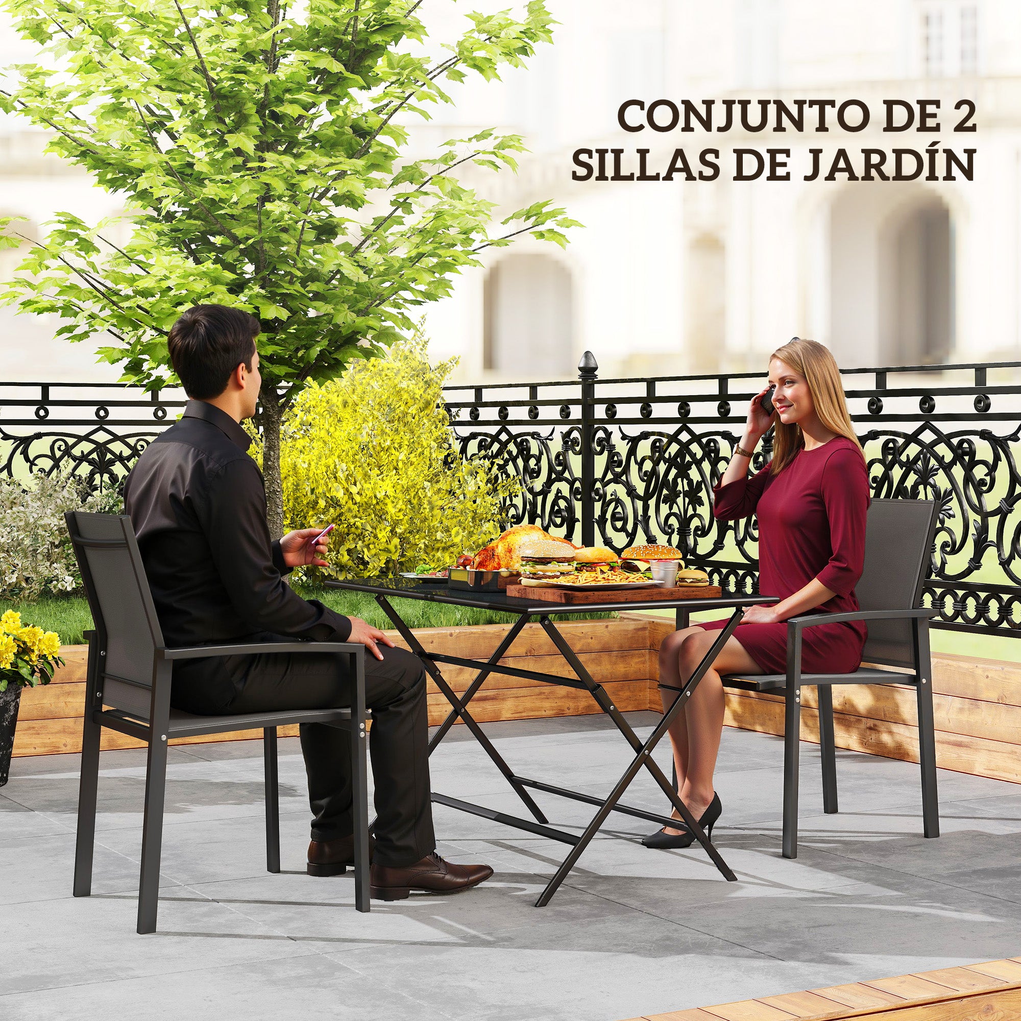 Set of 2 Outdoor Garden Chairs Patio Exterior Stackable Dining Chairs with Breathable Fabric Steel Frame Armrests and Backrest 56x58x89 cm Dark Gray