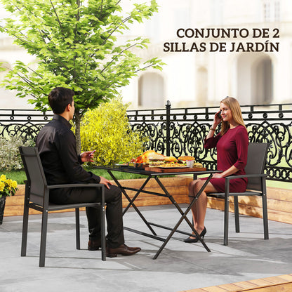 Set of 2 Outdoor Garden Chairs Patio Exterior Stackable Dining Chairs with Breathable Fabric Steel Frame Armrests and Backrest 56x58x89 cm Dark Gray