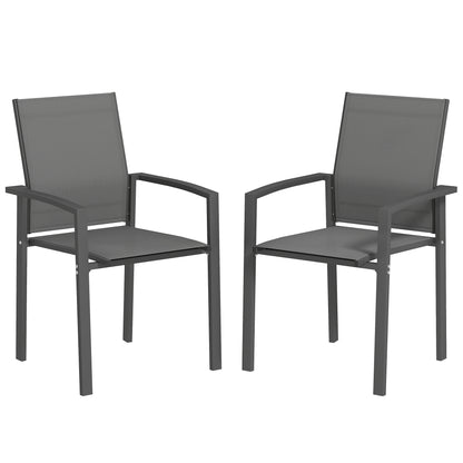 Set of 2 Outdoor Garden Chairs Patio Exterior Stackable Dining Chairs with Breathable Fabric Steel Frame Armrests and Backrest 56x58x89 cm Dark Gray