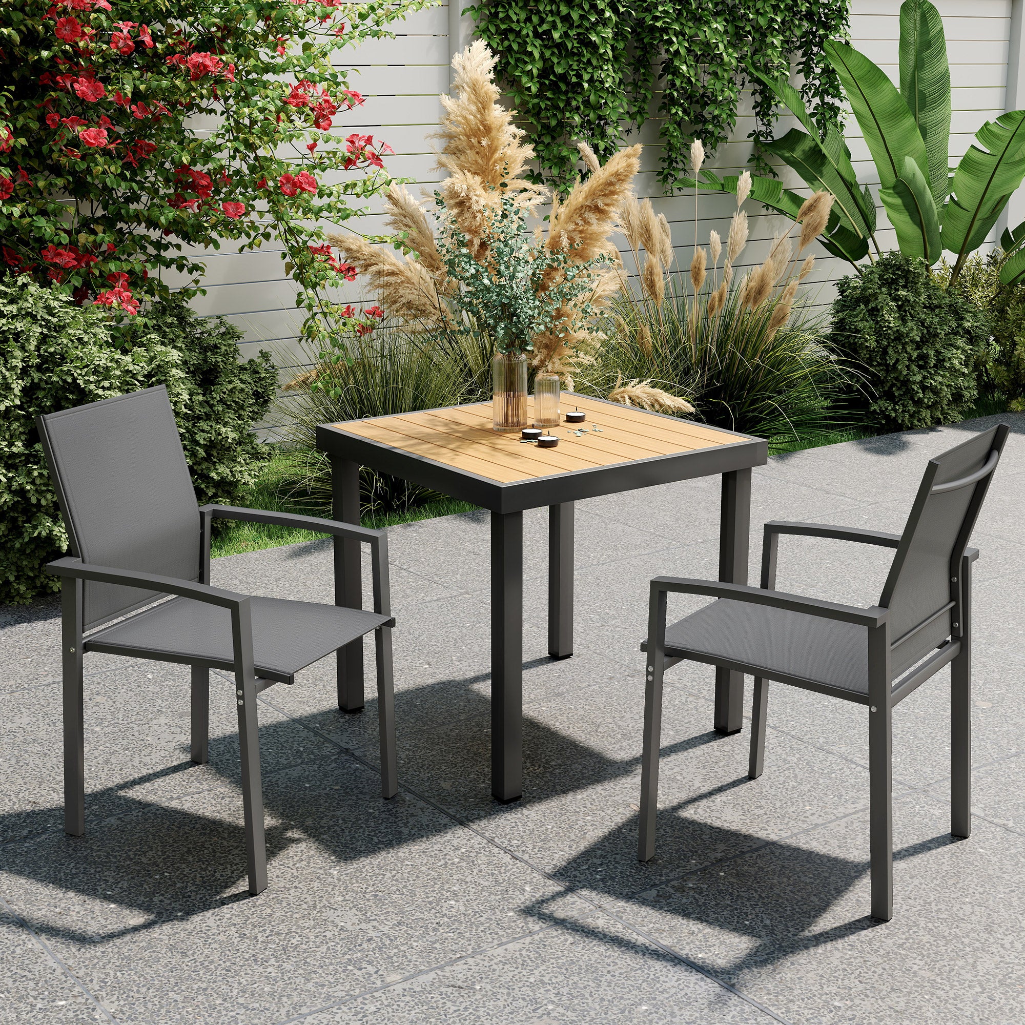 Set of 2 Outdoor Garden Chairs Patio Exterior Stackable Dining Chairs with Breathable Fabric Steel Frame Armrests and Backrest 56x58x89 cm Dark Gray