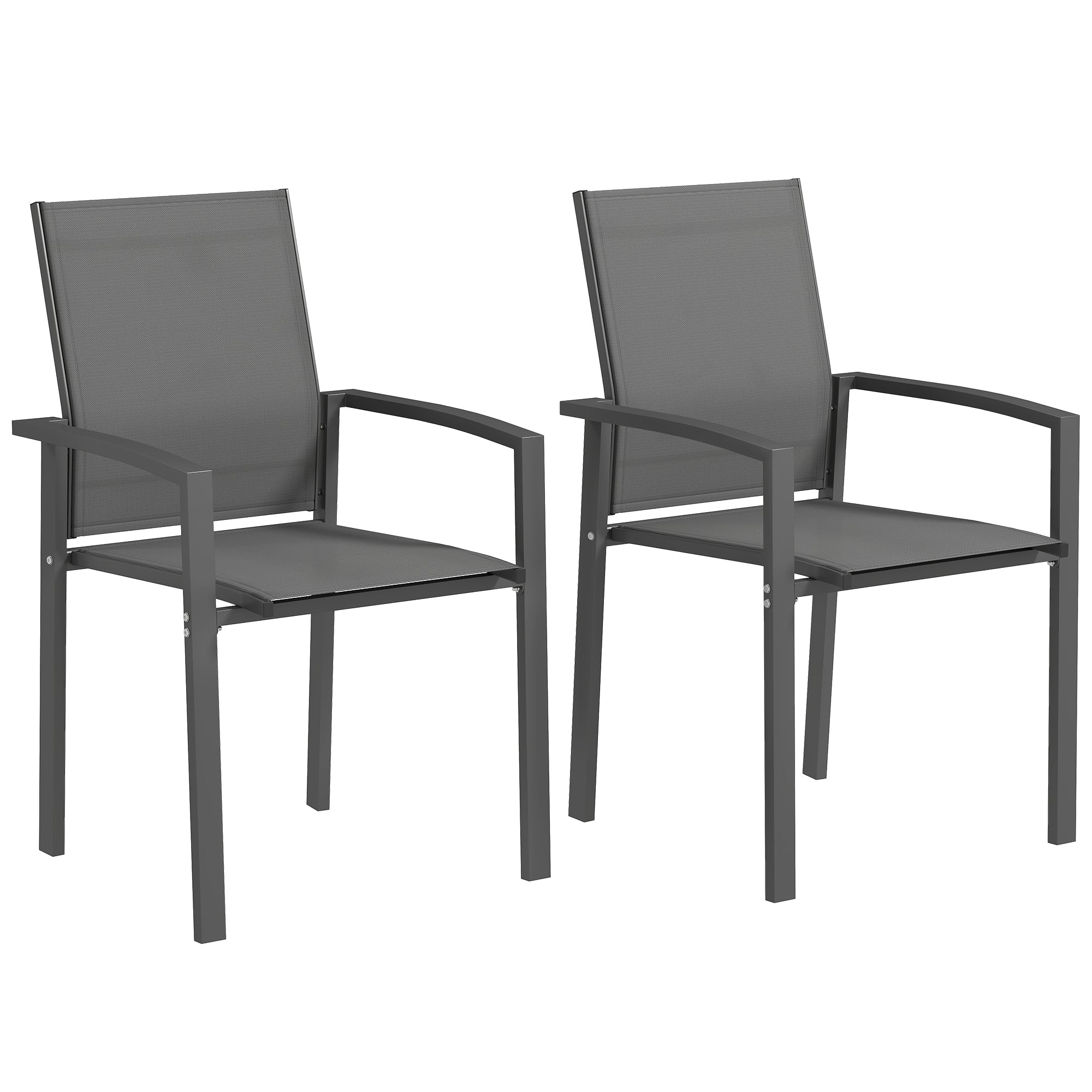 Set of 2 Outdoor Garden Chairs Patio Exterior Stackable Dining Chairs with Breathable Fabric Steel Frame Armrests and Backrest 56x58x89 cm Dark Gray