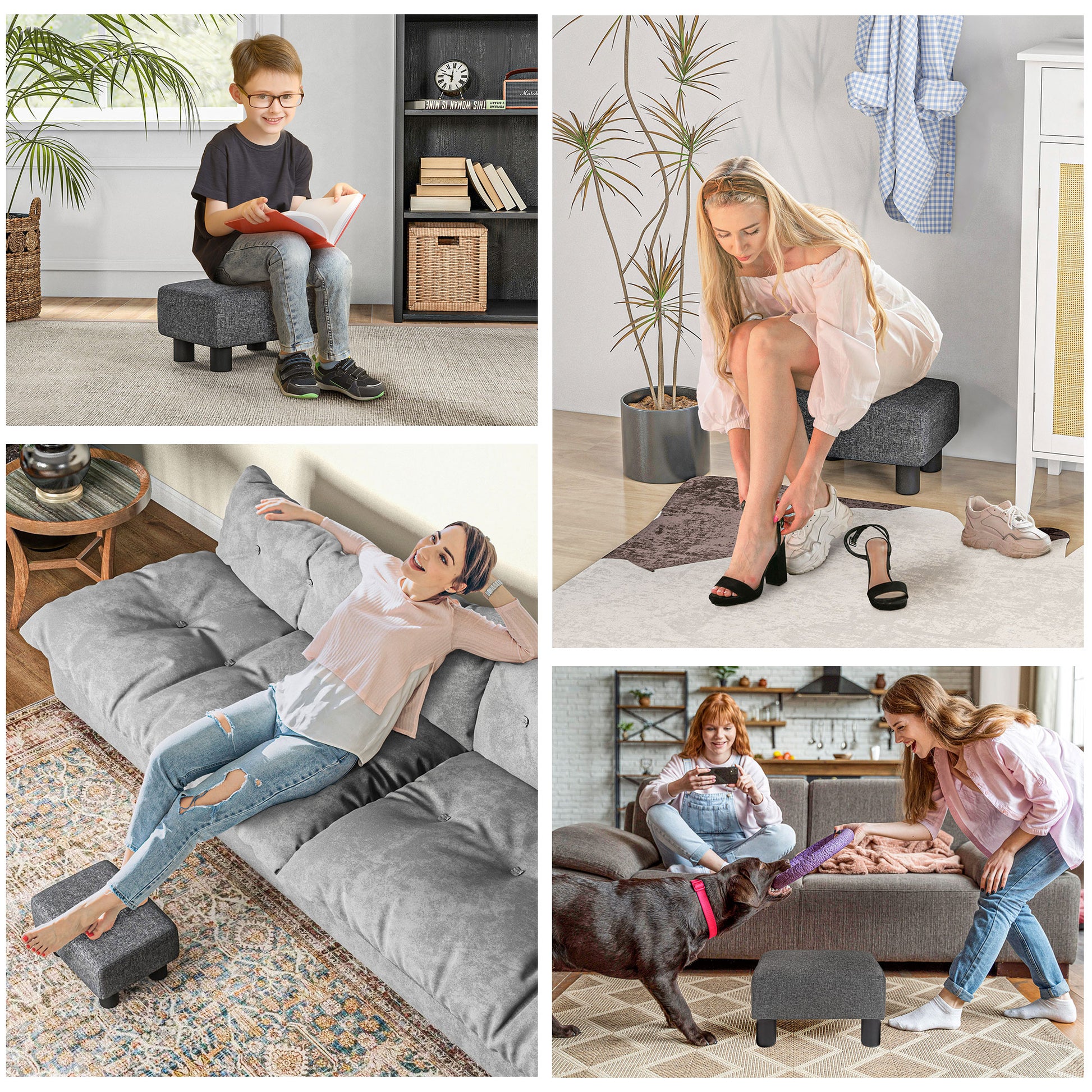 Seat Stool Footstool with Linen Look Modern Ottoman Upholstered Footrest Ottomane for Bedroom, Living Room, Dark Gray