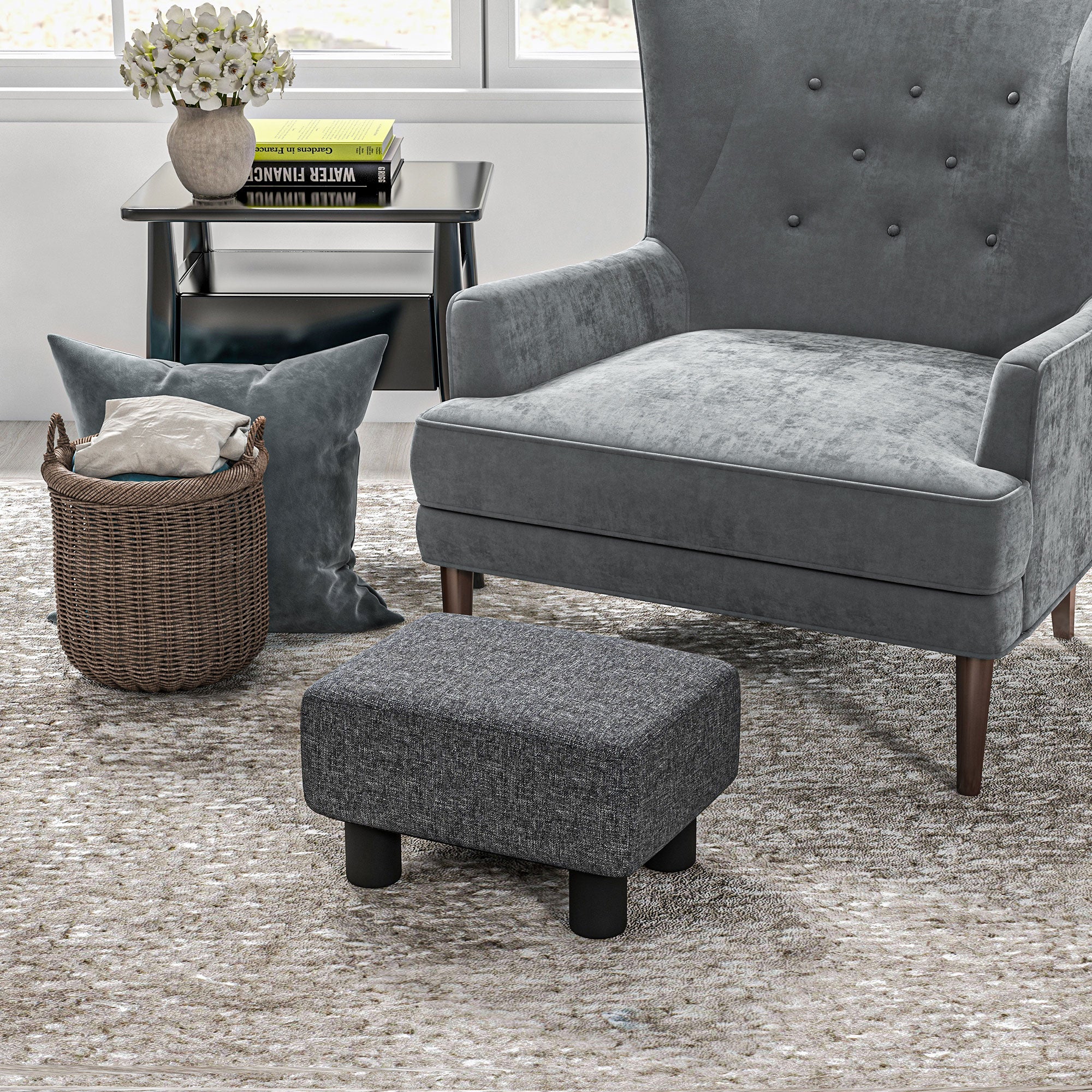 Seat Stool Footstool with Linen Look Modern Ottoman Upholstered Footrest Ottomane for Bedroom, Living Room, Dark Gray