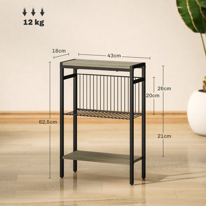 Narrow 3-Level Side Table Industrial Side Table with Open Shelves and Steel Structure for Living Room Bedroom 43x18x62.5 cm Gray