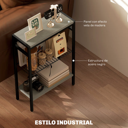 Narrow 3-Level Side Table Industrial Side Table with Open Shelves and Steel Structure for Living Room Bedroom 43x18x62.5 cm Gray