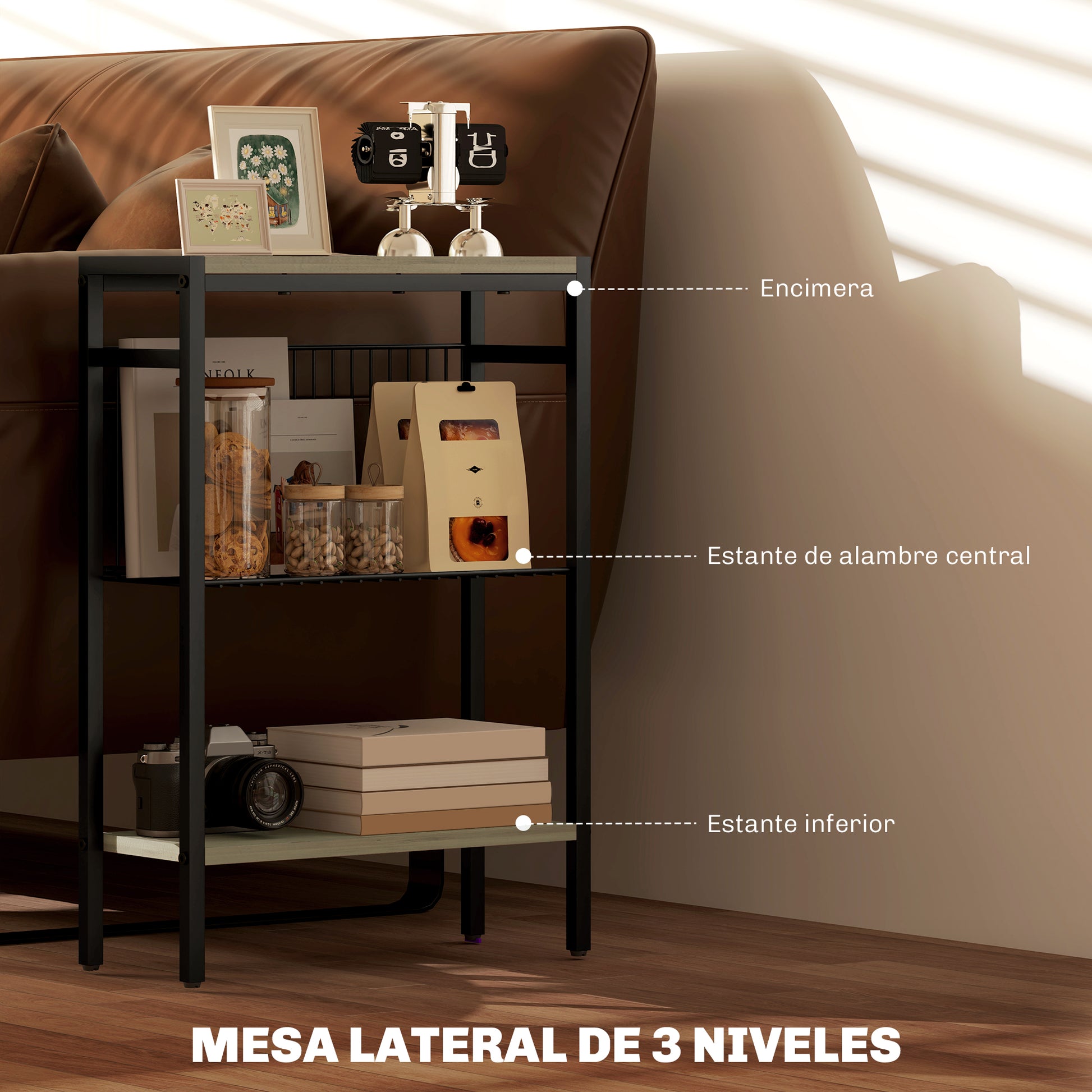 Narrow 3-Level Side Table Industrial Side Table with Open Shelves and Steel Structure for Living Room Bedroom 43x18x62.5 cm Gray