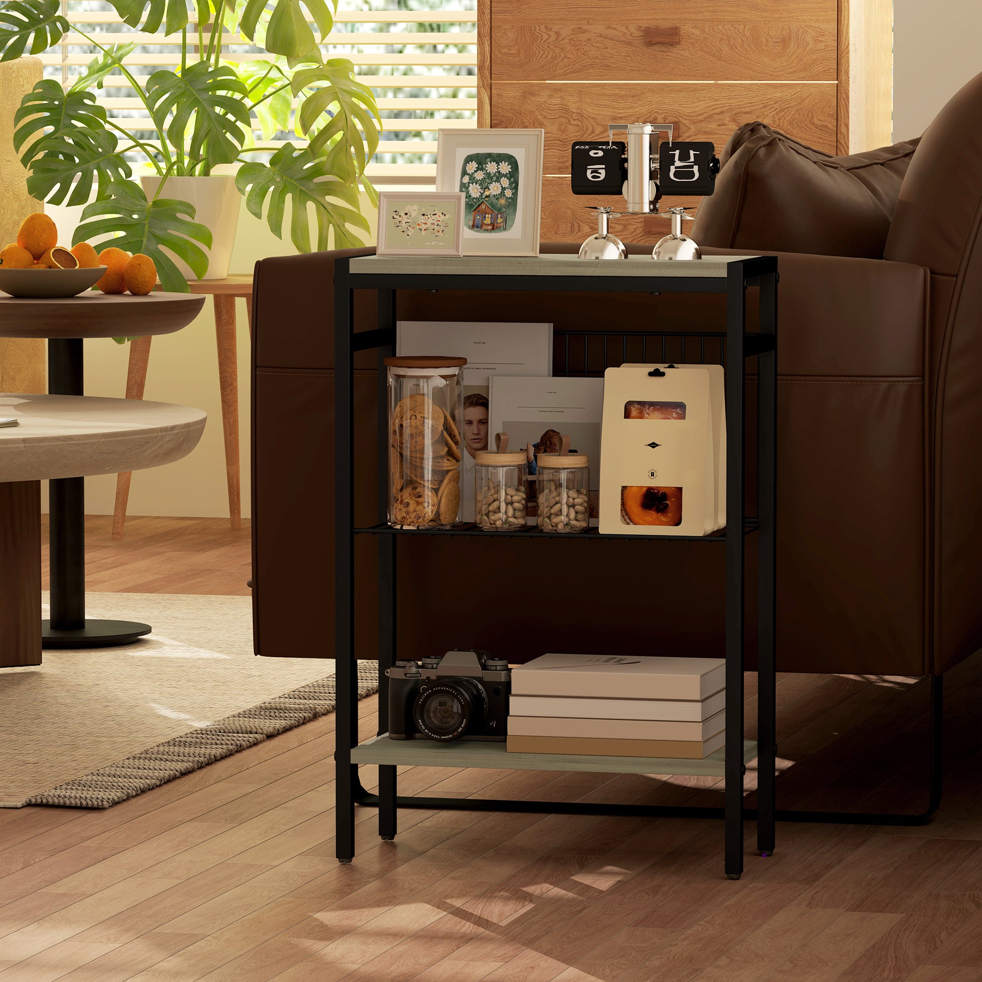 Narrow 3-Level Side Table Industrial Side Table with Open Shelves and Steel Structure for Living Room Bedroom 43x18x62.5 cm Gray