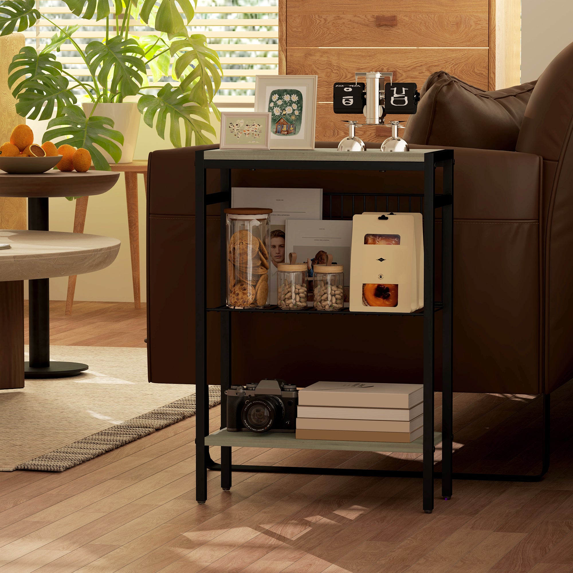 Narrow 3-Level Side Table Industrial Side Table with Open Shelves and Steel Structure for Living Room Bedroom 43x18x62.5 cm Gray