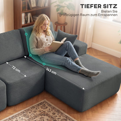 Corner Sofa with Sleeper Function, L-Shaped 267 cm Deep-Seat 3-Seater 2-in-1 Sectional with Cushions, Corduroy-Look, Dark Gray