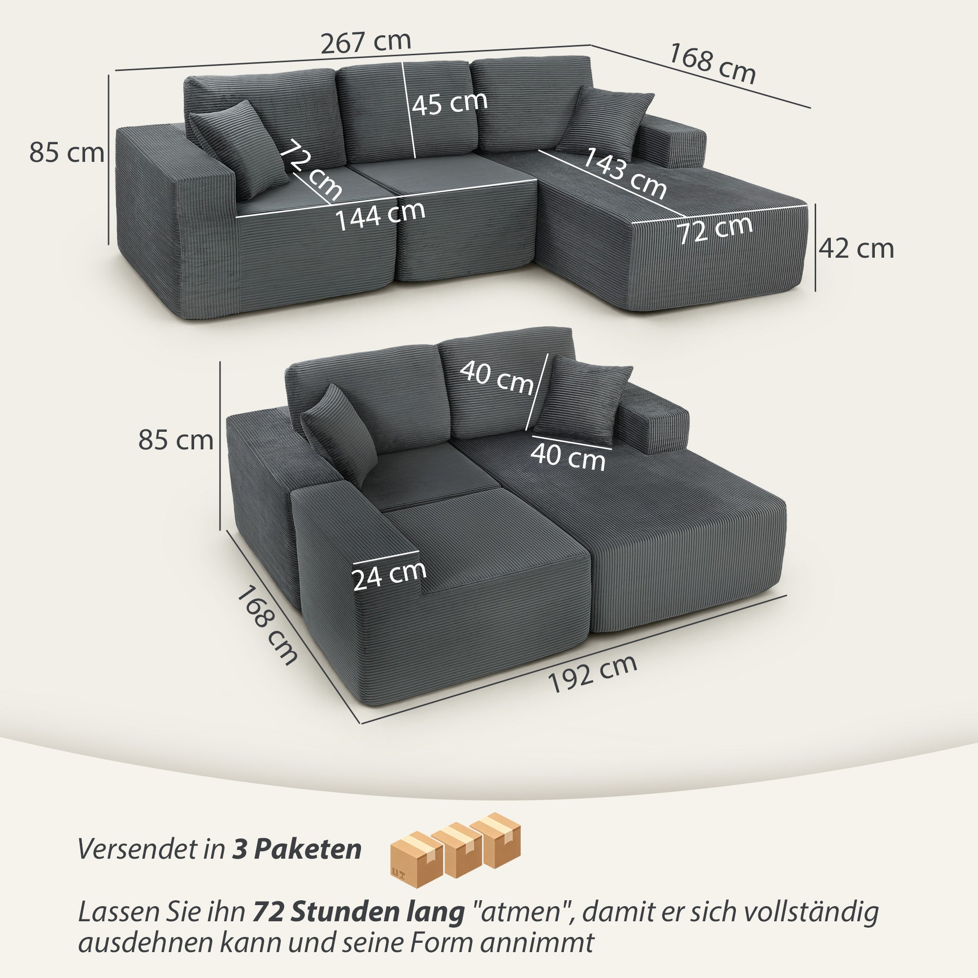 Corner Sofa with Sleeper Function, L-Shaped 267 cm Deep-Seat 3-Seater 2-in-1 Sectional with Cushions, Corduroy-Look, Dark Gray