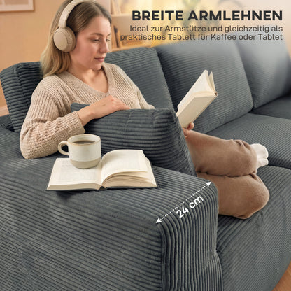 Corner Sofa with Sleeper Function, L-Shaped 267 cm Deep-Seat 3-Seater 2-in-1 Sectional with Cushions, Corduroy-Look, Dark Gray