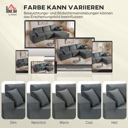 Corner Sofa with Sleeper Function, L-Shaped 267 cm Deep-Seat 3-Seater 2-in-1 Sectional with Cushions, Corduroy-Look, Dark Gray