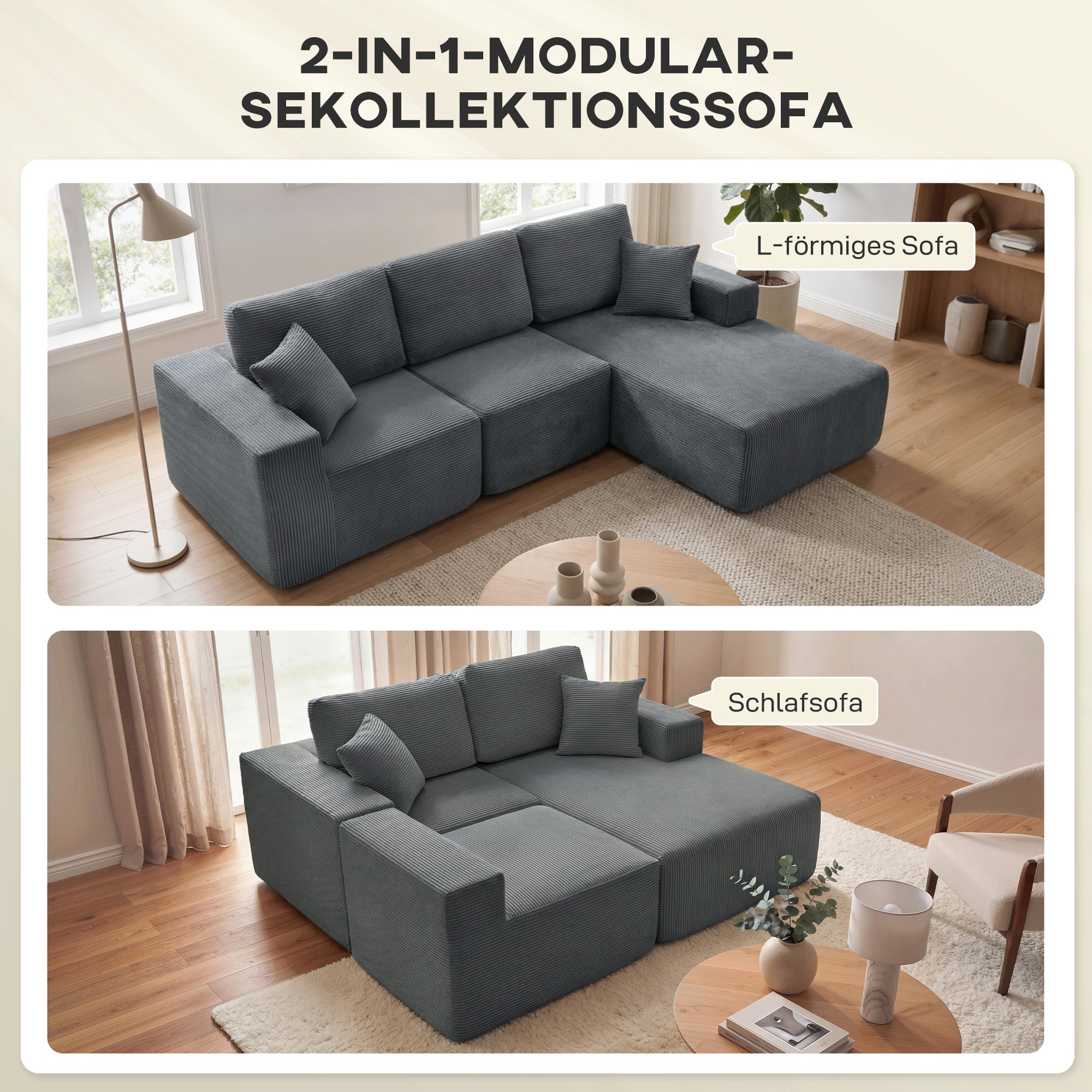 Corner Sofa with Sleeper Function, L-Shaped 267 cm Deep-Seat 3-Seater 2-in-1 Sectional with Cushions, Corduroy-Look, Dark Gray