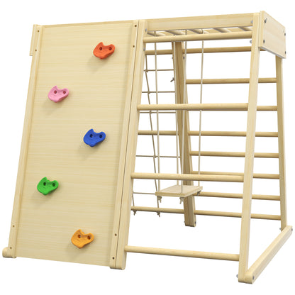 5-in-1 Play Area Climbing Set with Swing, Horizontal Ladder, Climbing Net, Climbing Wall, Climbing Toys for Kids, 120 x 105 x 120 cm, Natural Beech Wood
