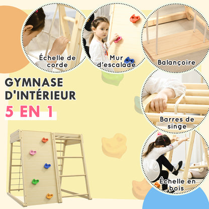 5-in-1 Play Area Climbing Set with Swing, Horizontal Ladder, Climbing Net, Climbing Wall, Climbing Toys for Kids, 120 x 105 x 120 cm, Natural Beech Wood