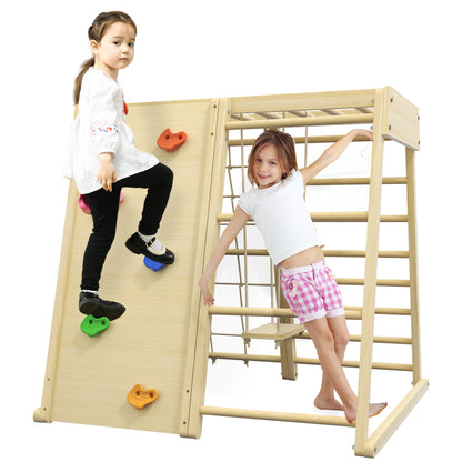 5-in-1 Play Area Climbing Set with Swing, Horizontal Ladder, Climbing Net, Climbing Wall, Climbing Toys for Kids, 120 x 105 x 120 cm, Natural Beech Wood