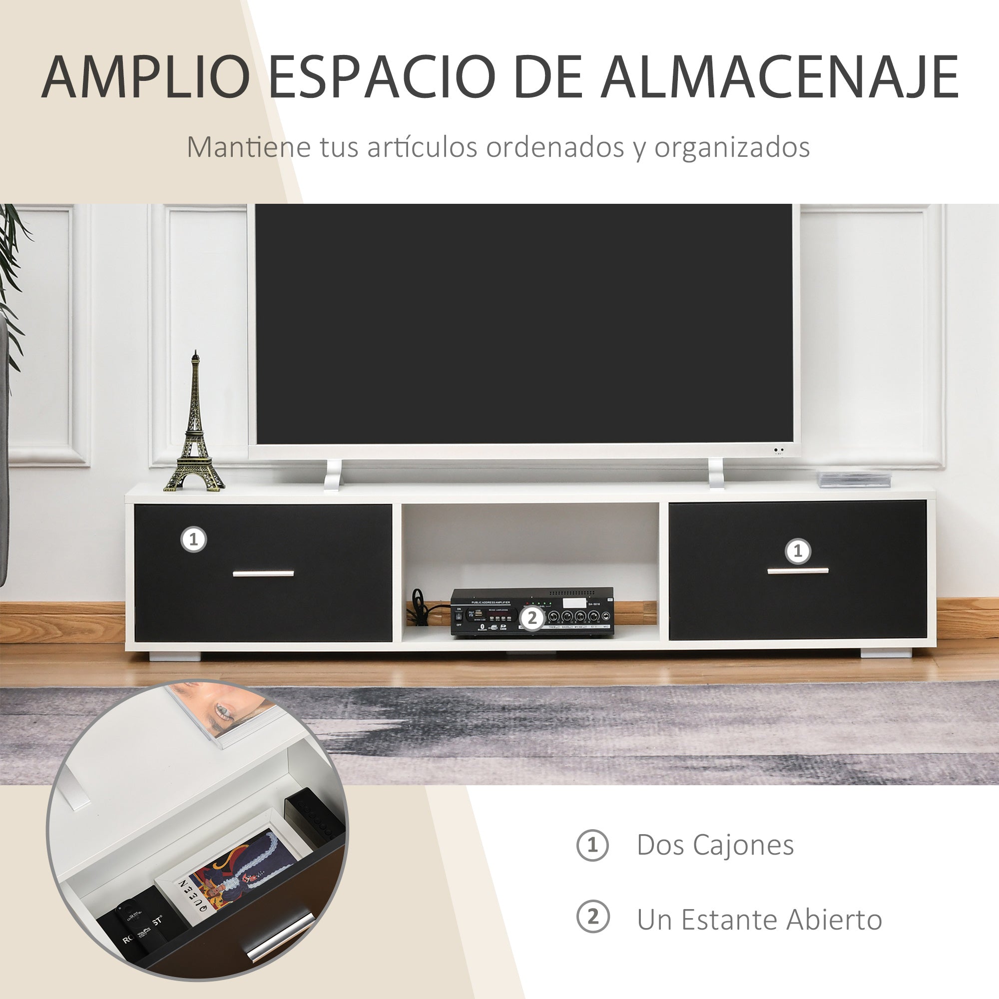 TV Stand for TVs up to 60" Modern Style Living Room TV Table with 2 Drawers and Open Compartment 140x30x32 cm White and Black