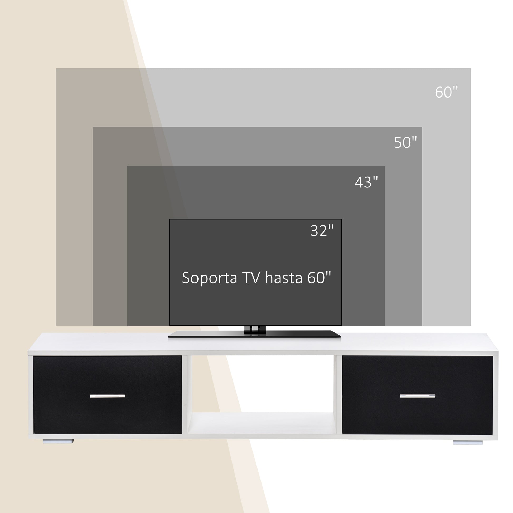 TV Stand for TVs up to 60" Modern Style Living Room TV Table with 2 Drawers and Open Compartment 140x30x32 cm White and Black
