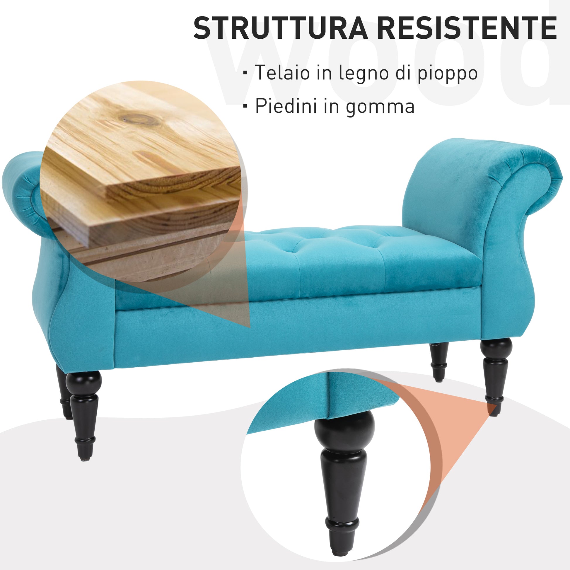Vintage Style End of Bed Bench, Wooden Frame and Upholstered Chesterfield Seat, Blue 117 x 40 x 58cm