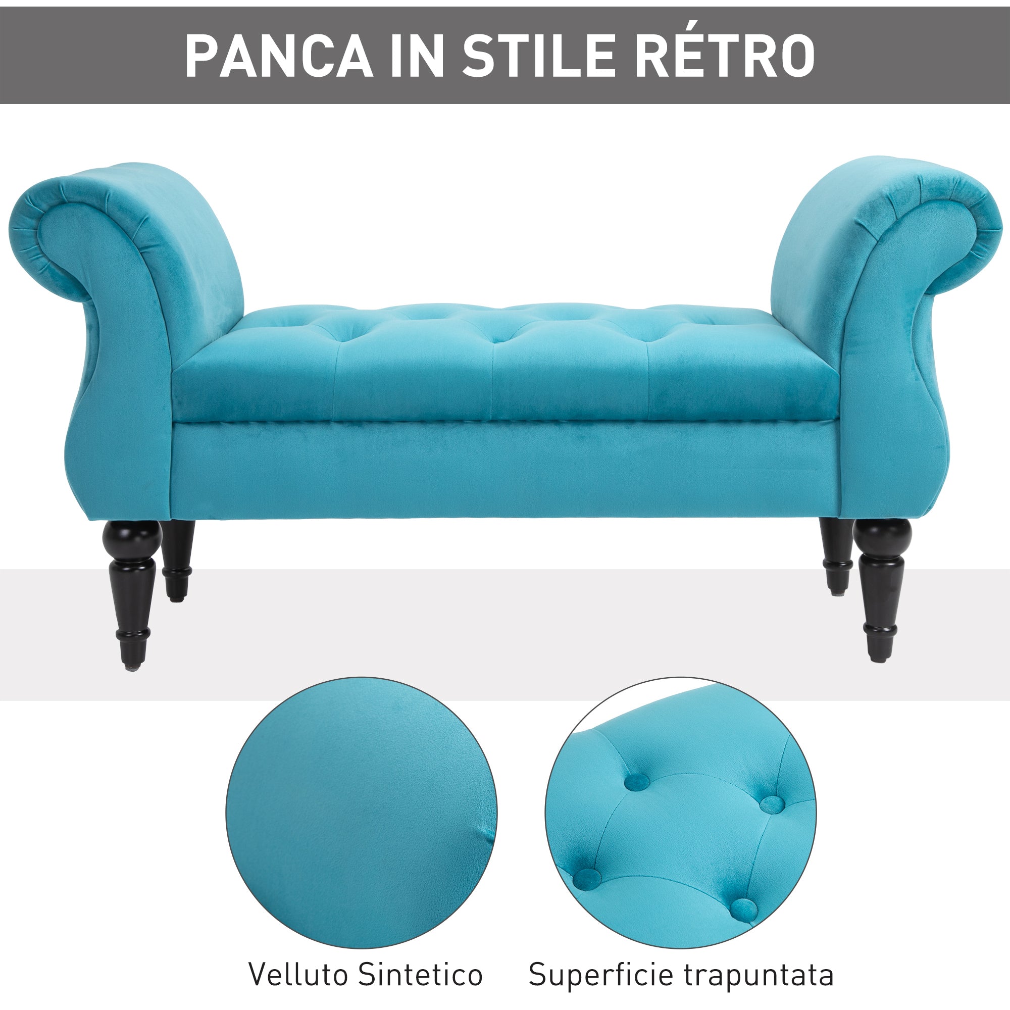 Vintage Style End of Bed Bench, Wooden Frame and Upholstered Chesterfield Seat, Blue 117 x 40 x 58cm