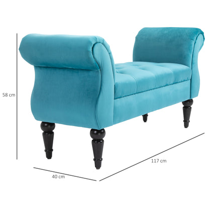 Vintage Style End of Bed Bench, Wooden Frame and Upholstered Chesterfield Seat, Blue 117 x 40 x 58cm