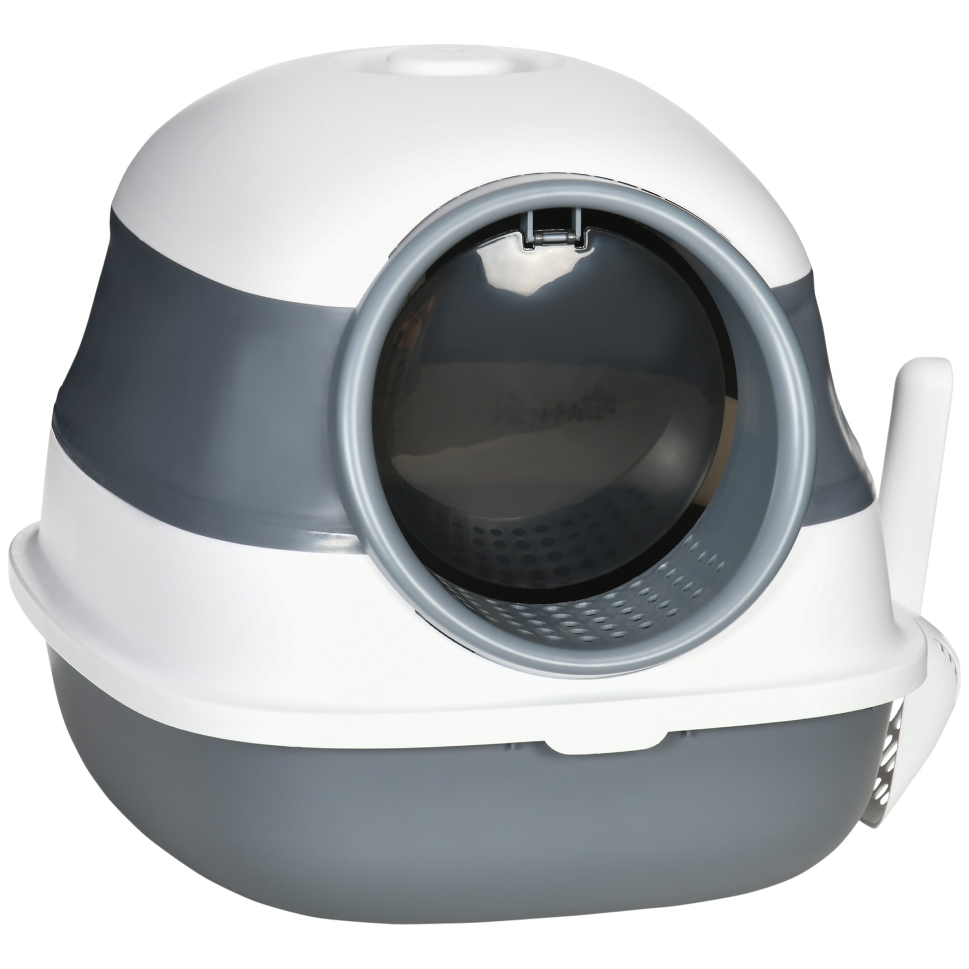Cat Litter Box with Lid Foldable Covered Cat Toilet with Scoop Deodorant Bottom Grid Cat Litter Box for Cats up to 5 kg 52 x 41 x 38 cm White + Grey