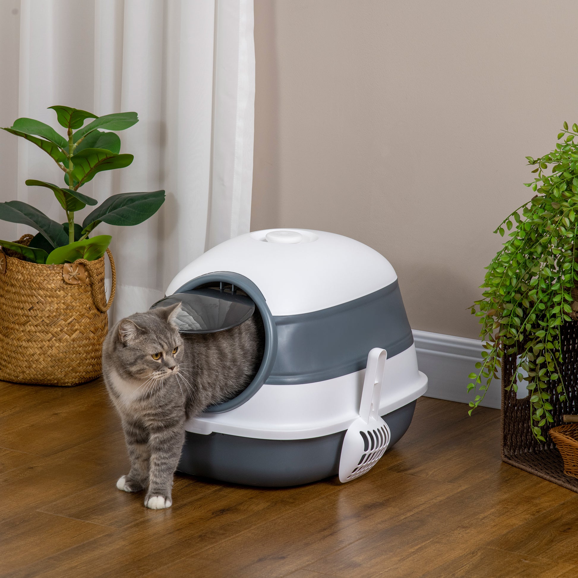 Cat Litter Box with Lid Foldable Covered Cat Toilet with Scoop Deodorant Bottom Grid Cat Litter Box for Cats up to 5 kg 52 x 41 x 38 cm White + Grey