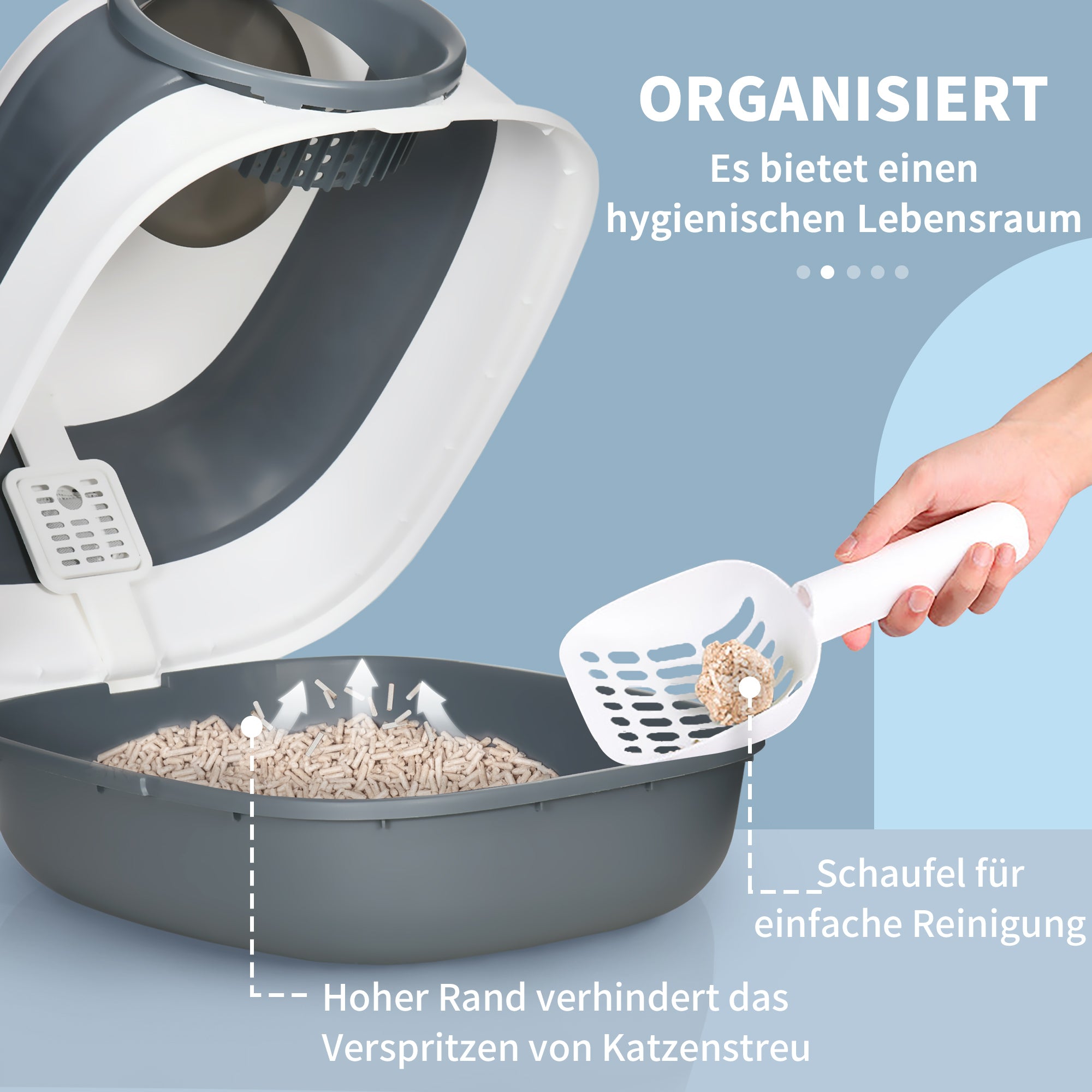 Cat Litter Box with Lid Foldable Covered Cat Toilet with Scoop Deodorant Bottom Grid Cat Litter Box for Cats up to 5 kg 52 x 41 x 38 cm White + Grey