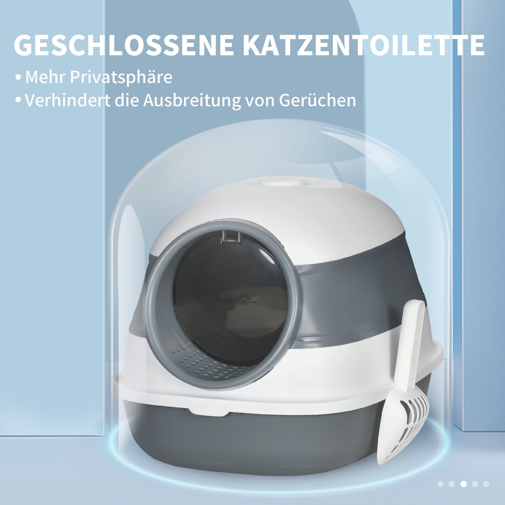 Cat Litter Box with Lid Foldable Covered Cat Toilet with Scoop Deodorant Bottom Grid Cat Litter Box for Cats up to 5 kg 52 x 41 x 38 cm White + Grey