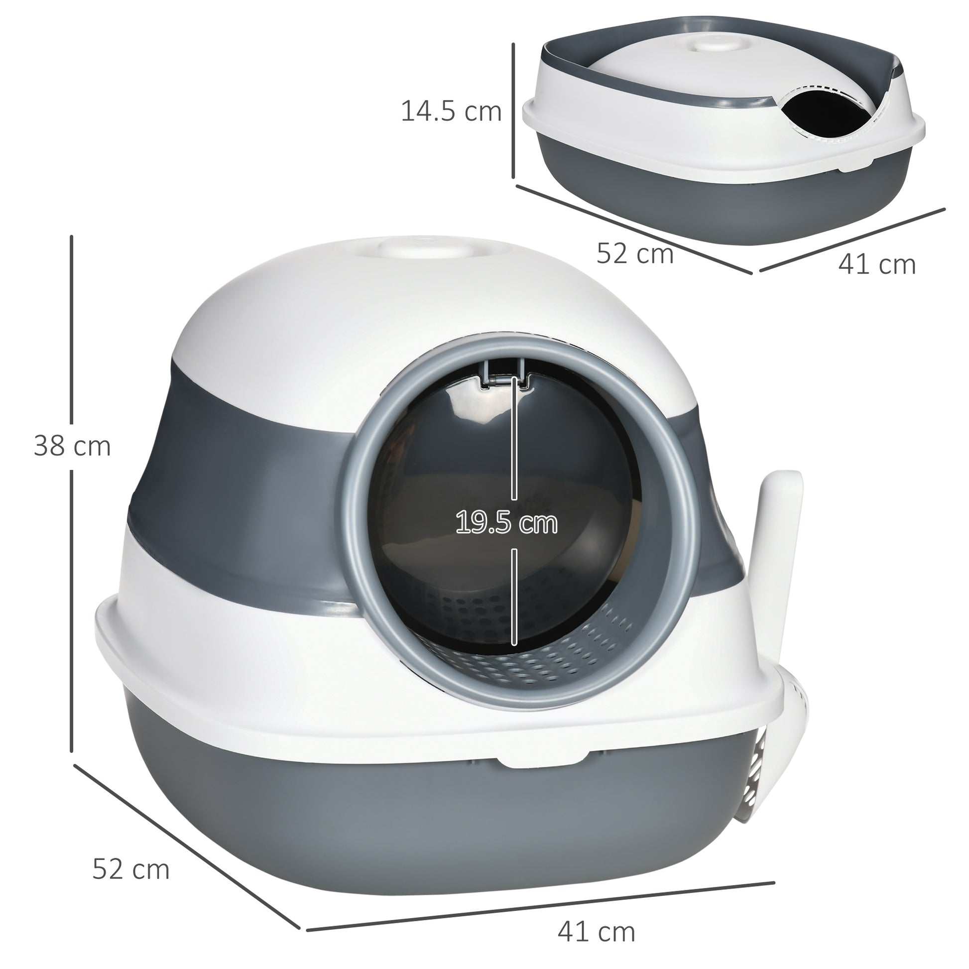 Cat Litter Box with Lid Foldable Covered Cat Toilet with Scoop Deodorant Bottom Grid Cat Litter Box for Cats up to 5 kg 52 x 41 x 38 cm White + Grey
