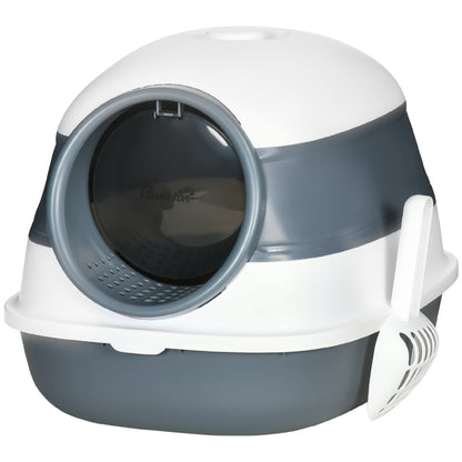 Cat Litter Box with Lid Foldable Covered Cat Toilet with Scoop Deodorant Bottom Grid Cat Litter Box for Cats up to 5 kg 52 x 41 x 38 cm White + Grey
