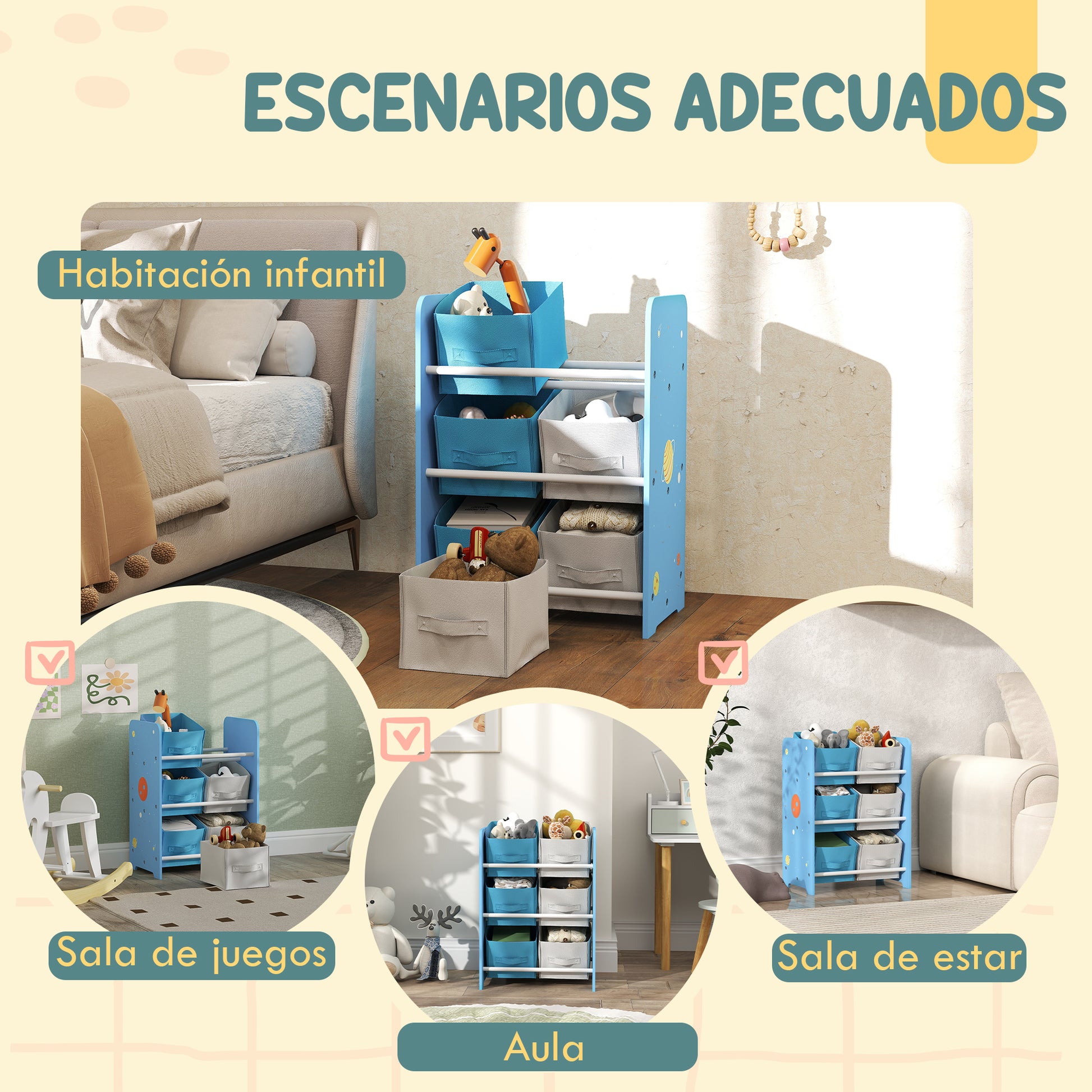 Children's Shelf for Kids +3 Years Toy Shelf with 6 Removable Non-Woven Fabric Boxes Toy Organizer for Bedroom Nursery 43x30x60 cm Blue