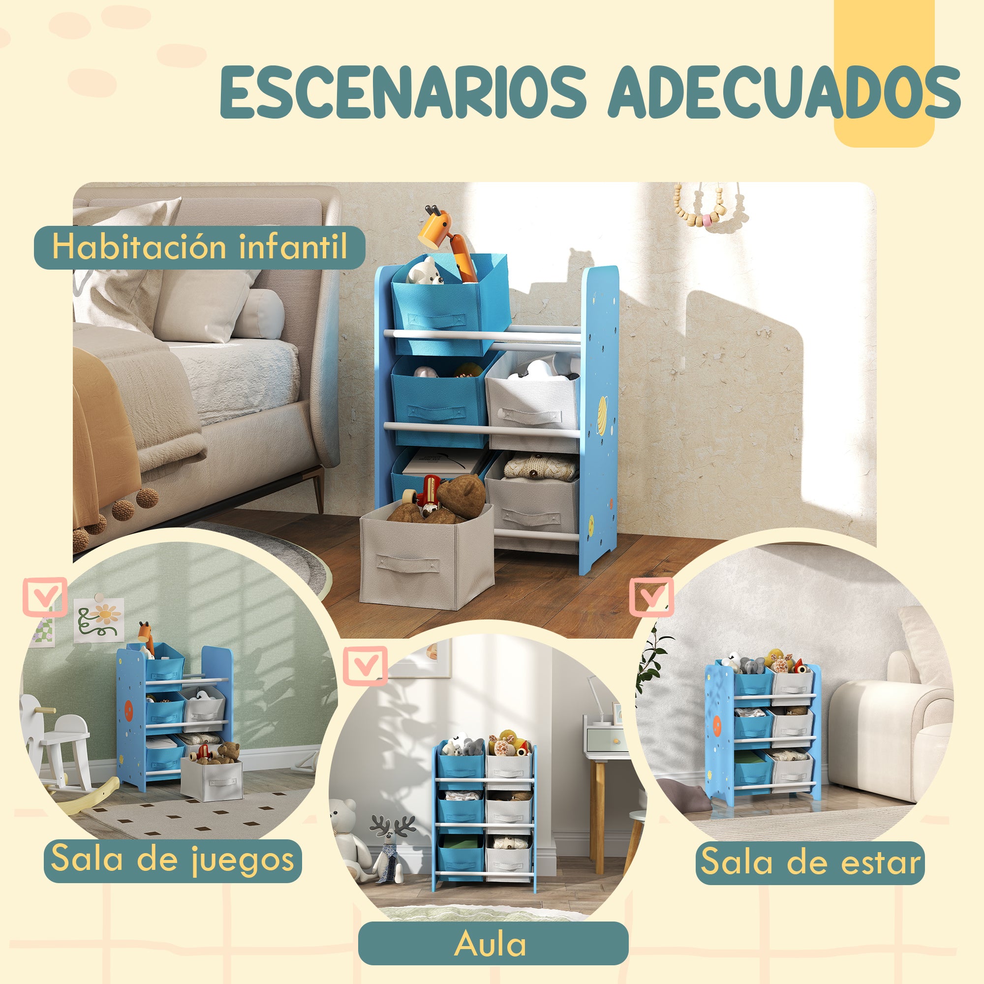 Children's Shelf for Kids +3 Years Toy Shelf with 6 Removable Non-Woven Fabric Boxes Toy Organizer for Bedroom Nursery 43x30x60 cm Blue