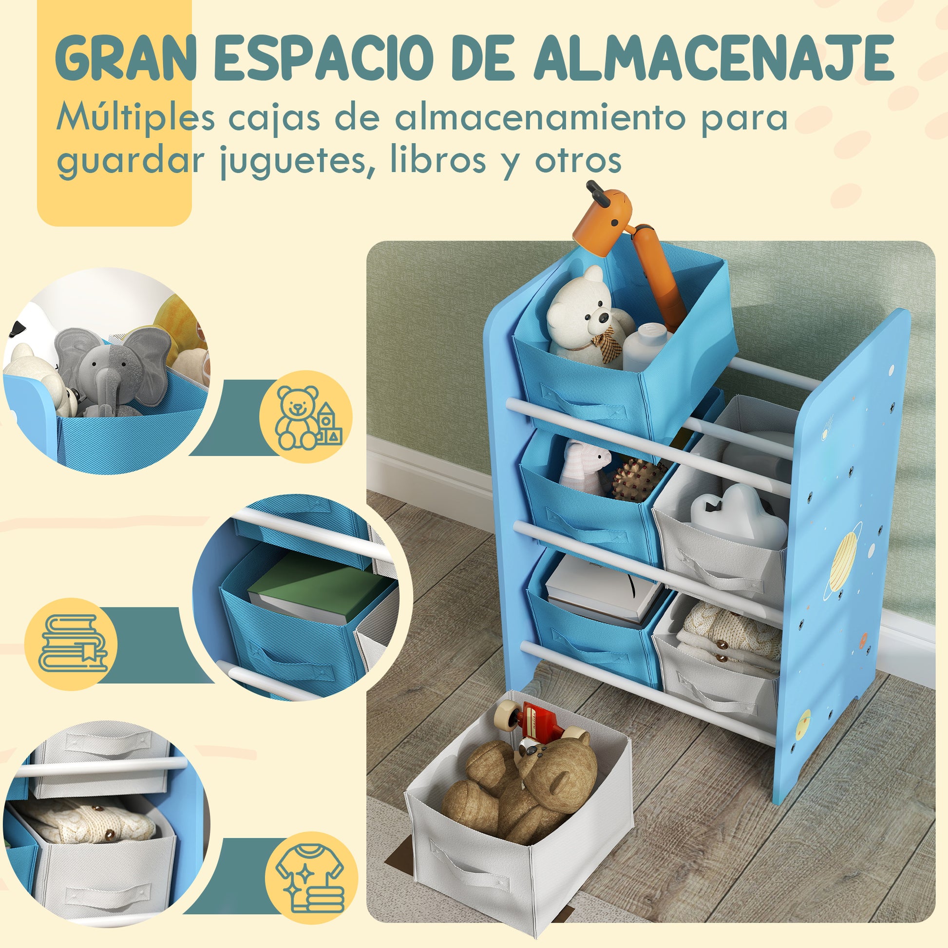 Children's Shelf for Kids +3 Years Toy Shelf with 6 Removable Non-Woven Fabric Boxes Toy Organizer for Bedroom Nursery 43x30x60 cm Blue