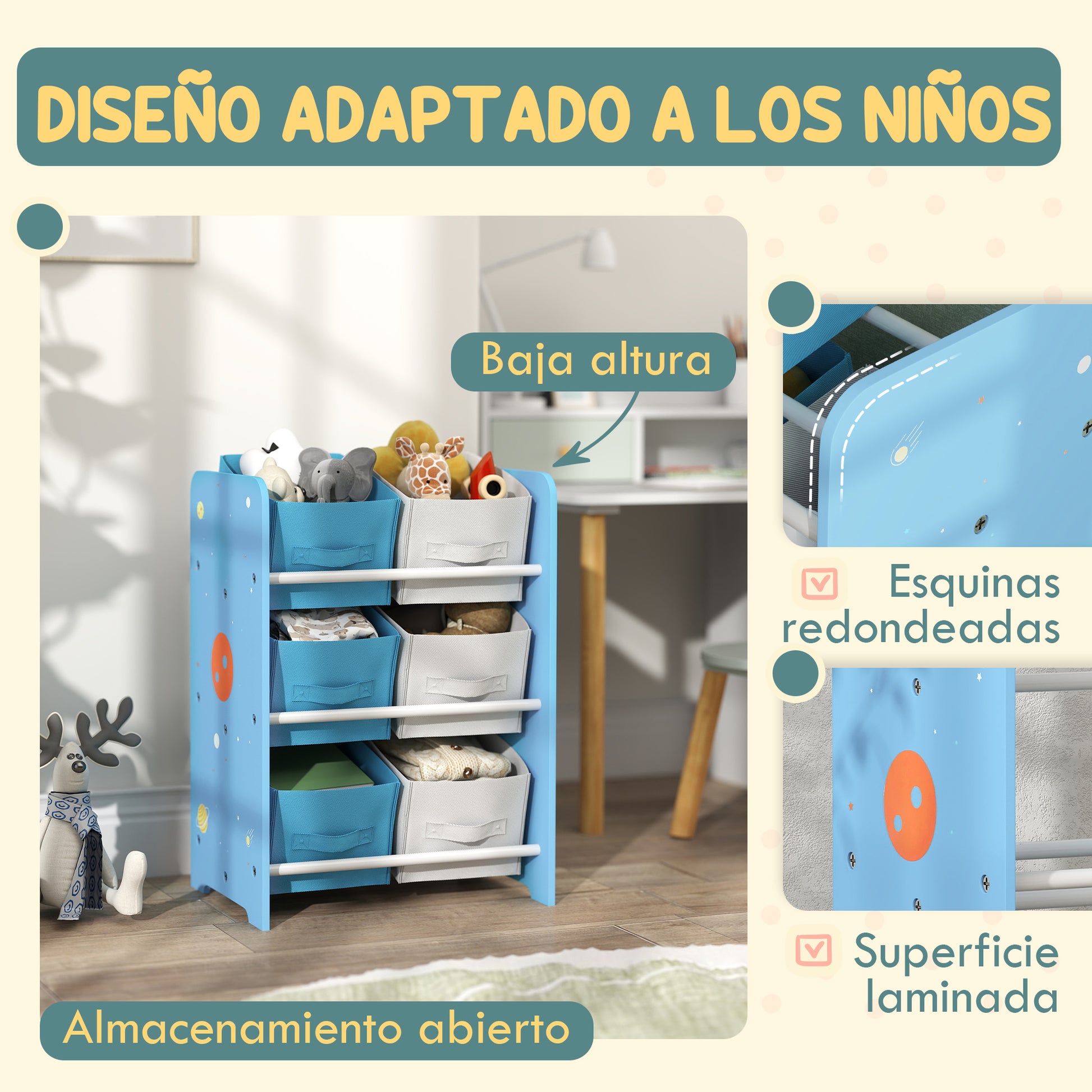 Children's Shelf for Kids +3 Years Toy Shelf with 6 Removable Non-Woven Fabric Boxes Toy Organizer for Bedroom Nursery 43x30x60 cm Blue
