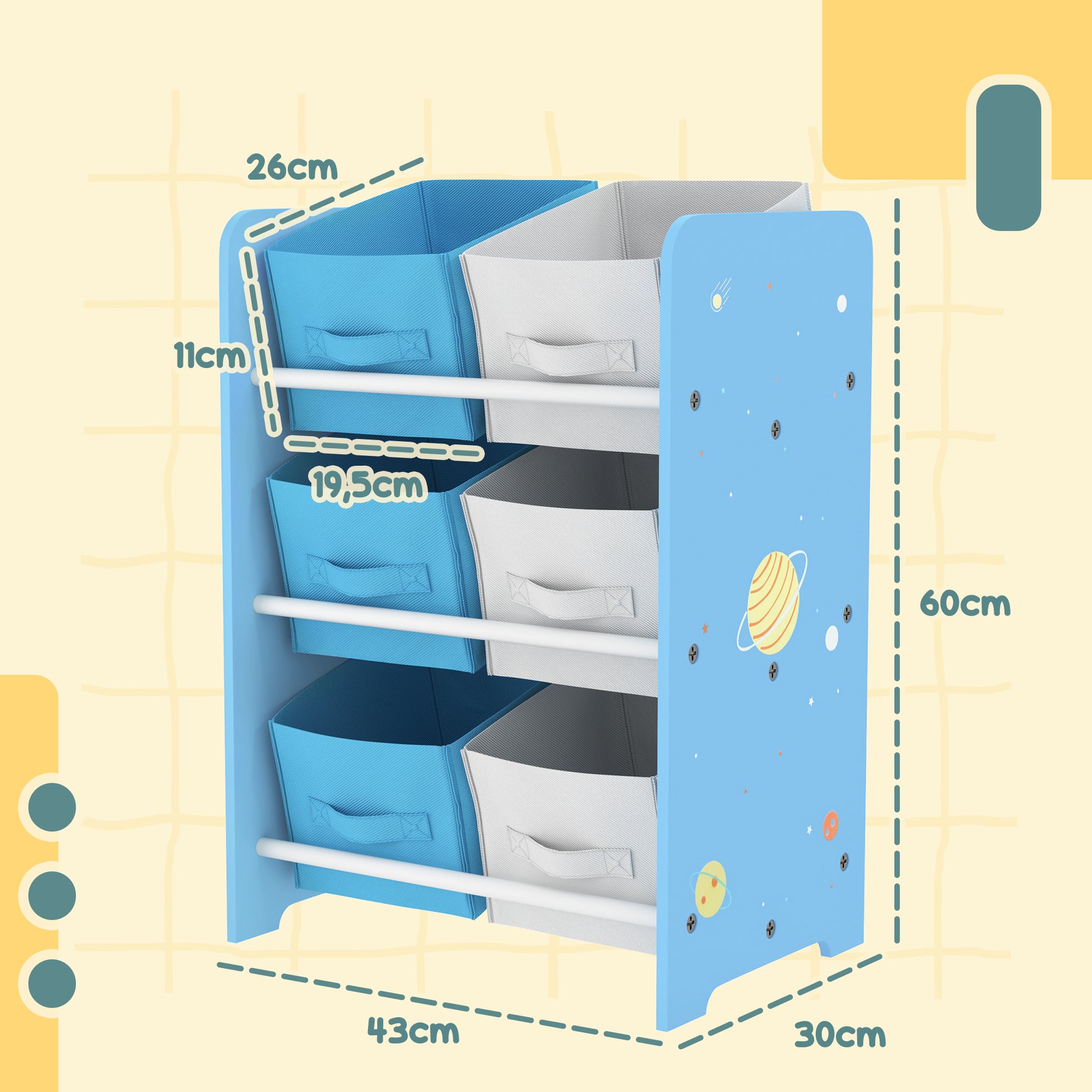 Children's Shelf for Kids +3 Years Toy Shelf with 6 Removable Non-Woven Fabric Boxes Toy Organizer for Bedroom Nursery 43x30x60 cm Blue