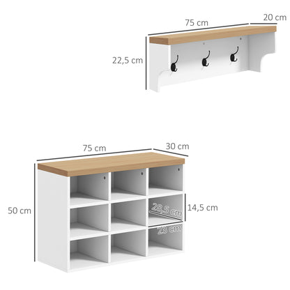Entryway Coat Rack and Shoe Bench 2 in 1 Entryway Furniture with 3 Hooks and Shelves for 9 Pairs of Shoes 75x30x50 cm and 75x20x22.5 cm White