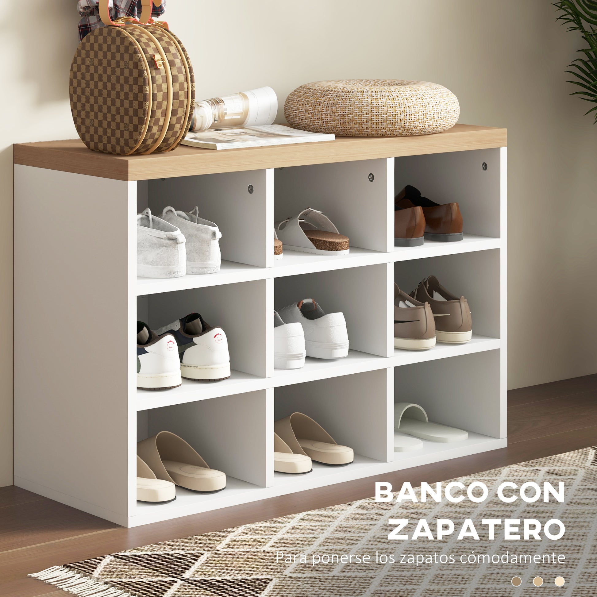 Entryway Coat Rack and Shoe Bench 2 in 1 Entryway Furniture with 3 Hooks and Shelves for 9 Pairs of Shoes 75x30x50 cm and 75x20x22.5 cm White