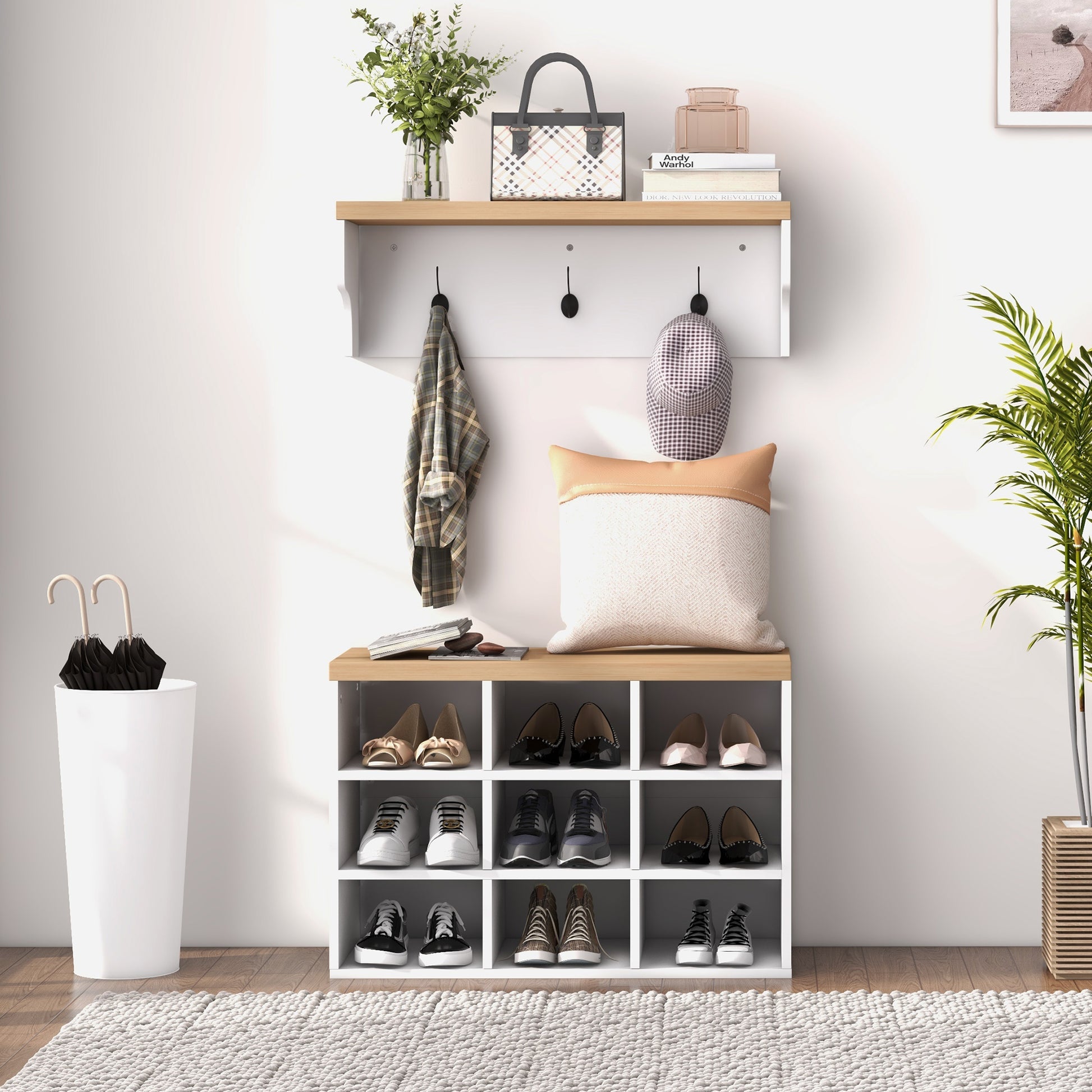 Entryway Coat Rack and Shoe Bench 2 in 1 Entryway Furniture with 3 Hooks and Shelves for 9 Pairs of Shoes 75x30x50 cm and 75x20x22.5 cm White