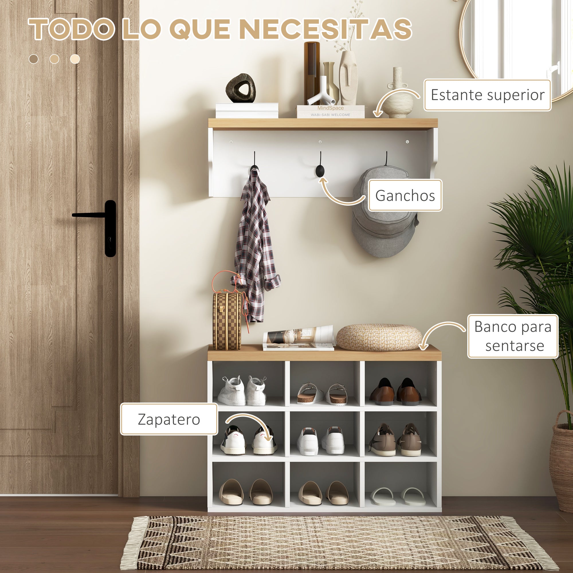 Entryway Coat Rack and Shoe Bench 2 in 1 Entryway Furniture with 3 Hooks and Shelves for 9 Pairs of Shoes 75x30x50 cm and 75x20x22.5 cm White