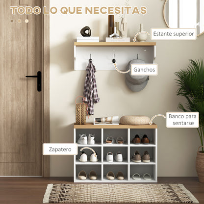 Entryway Coat Rack and Shoe Bench 2 in 1 Entryway Furniture with 3 Hooks and Shelves for 9 Pairs of Shoes 75x30x50 cm and 75x20x22.5 cm White