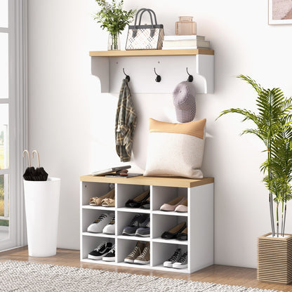 Entryway Coat Rack and Shoe Bench 2 in 1 Entryway Furniture with 3 Hooks and Shelves for 9 Pairs of Shoes 75x30x50 cm and 75x20x22.5 cm White