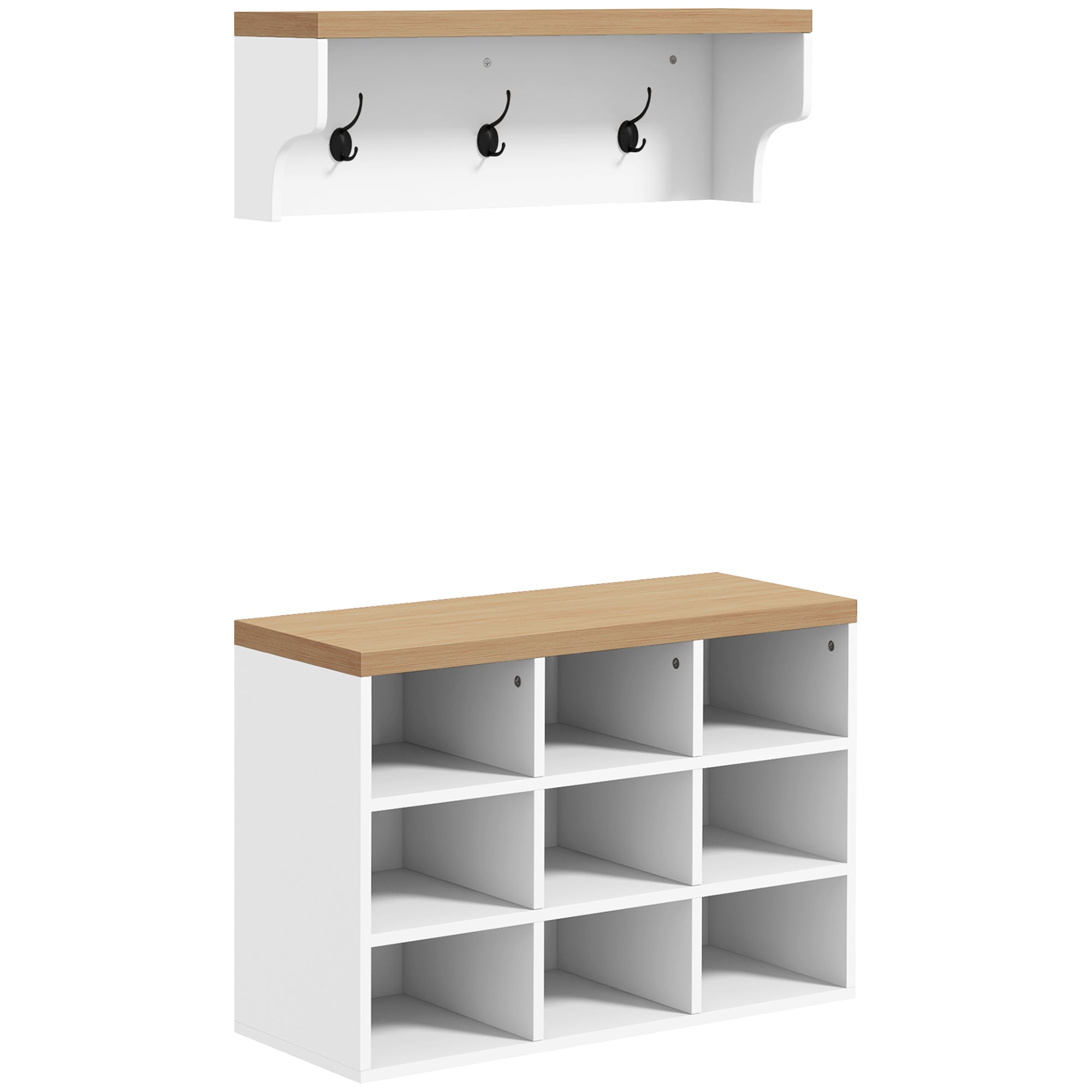 Entryway Coat Rack and Shoe Bench 2 in 1 Entryway Furniture with 3 Hooks and Shelves for 9 Pairs of Shoes 75x30x50 cm and 75x20x22.5 cm White