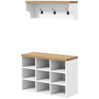 Entryway Coat Rack and Shoe Bench 2 in 1 Entryway Furniture with 3 Hooks and Shelves for 9 Pairs of Shoes 75x30x50 cm and 75x20x22.5 cm White
