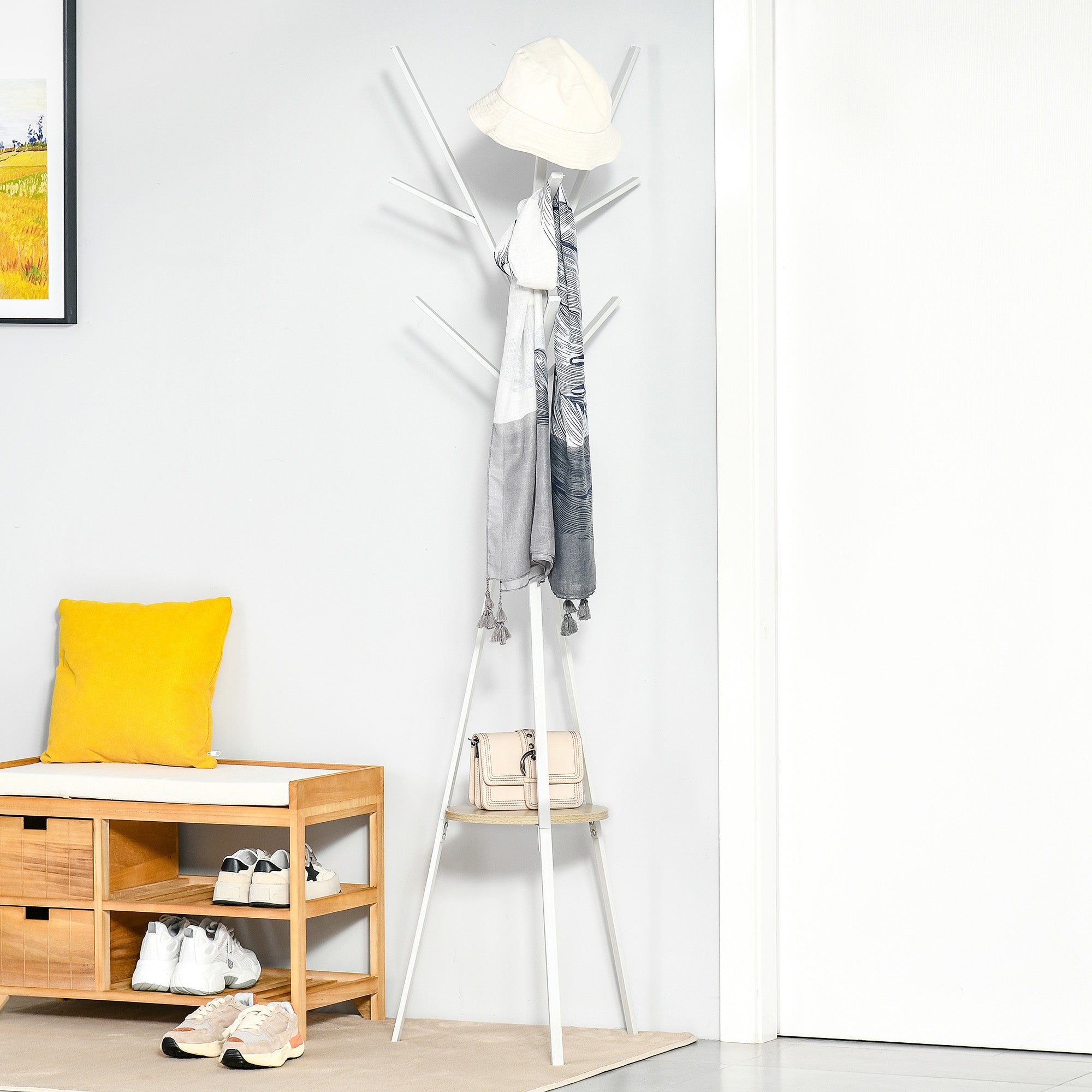 Coat Rack, Hat Rack with 8 Hooks, Coat Stand with Shelf, Standing Wardrobe for Clothing, Hats, Bags, Metal, White, 45 x 45 x 180 cm